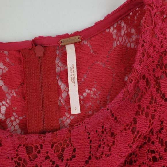 Free People Womens Lace Peplum Dress Deep Pink Red Size 2 Cotton - Picture 2 of 8